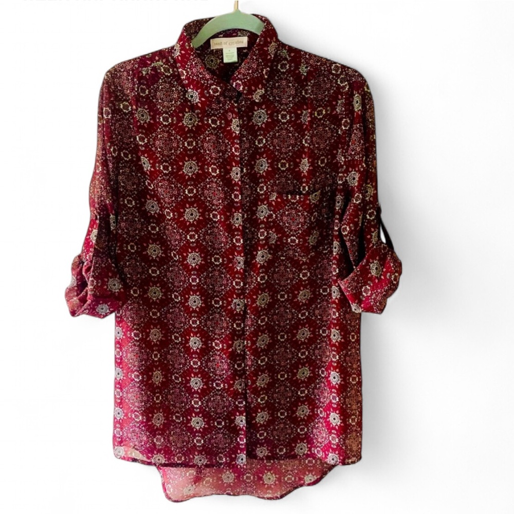 BAND OF GYPSIES SHEER BOHO LONG SLEEVE BUTTON DOWN HIGH LOW BLOUSE SIZE SMALL